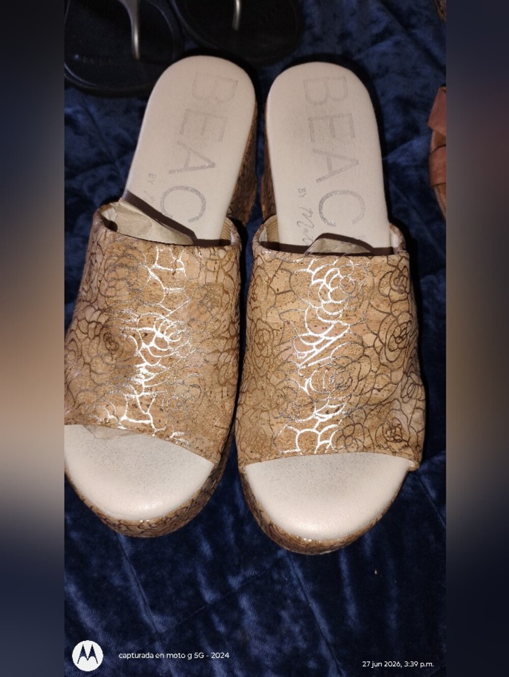 Beacon Tan Floral Metallic Slide Sandals